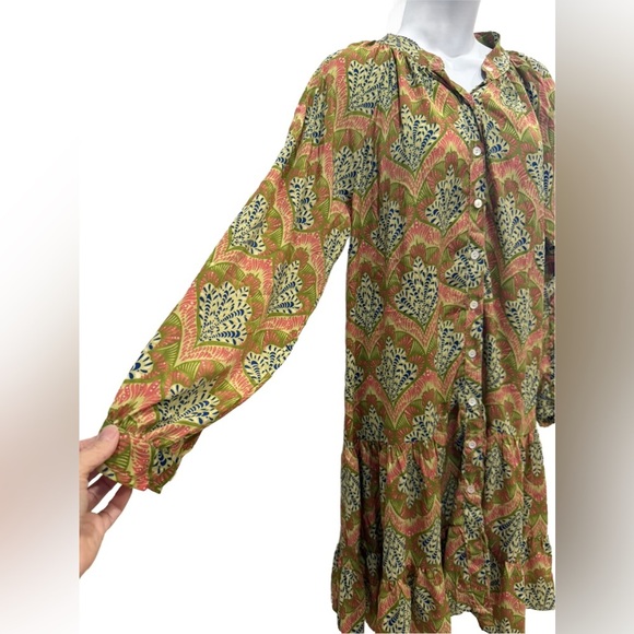 Boho silk Green and Orange Midi Dress - Picture 6 of 8